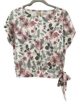 Indyeva Floral Boxy Tie-Hem Short Sleeve Top White with Pink & Green Size Small